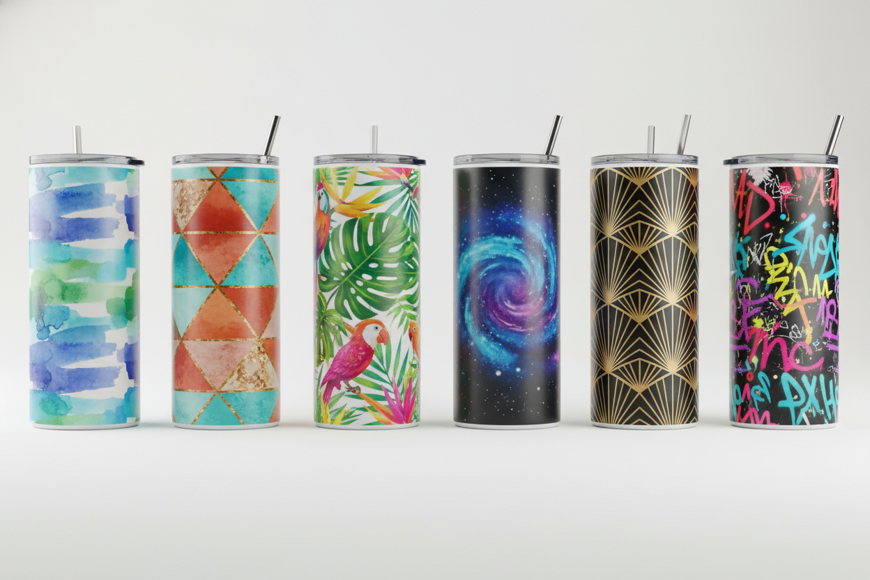 Straight 20oz stainless-steel tumbler with ceramic coating, not engraved, no curve, featuring customizable printed graphics. Display multiple tumblers side-by-side with different sample designs. Clean white backdrop, soft lighting, professional product style.