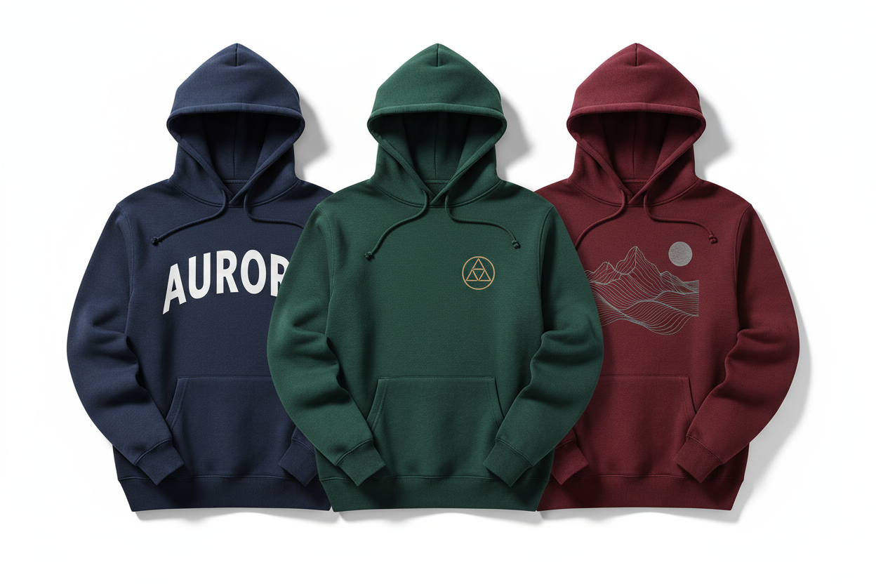 Three unisex hoodies side-by-side in different colors, clean studio background. Each hoodie features a printed graphic design (name, logo, or artwork). Soft shadows, high-quality product photography
