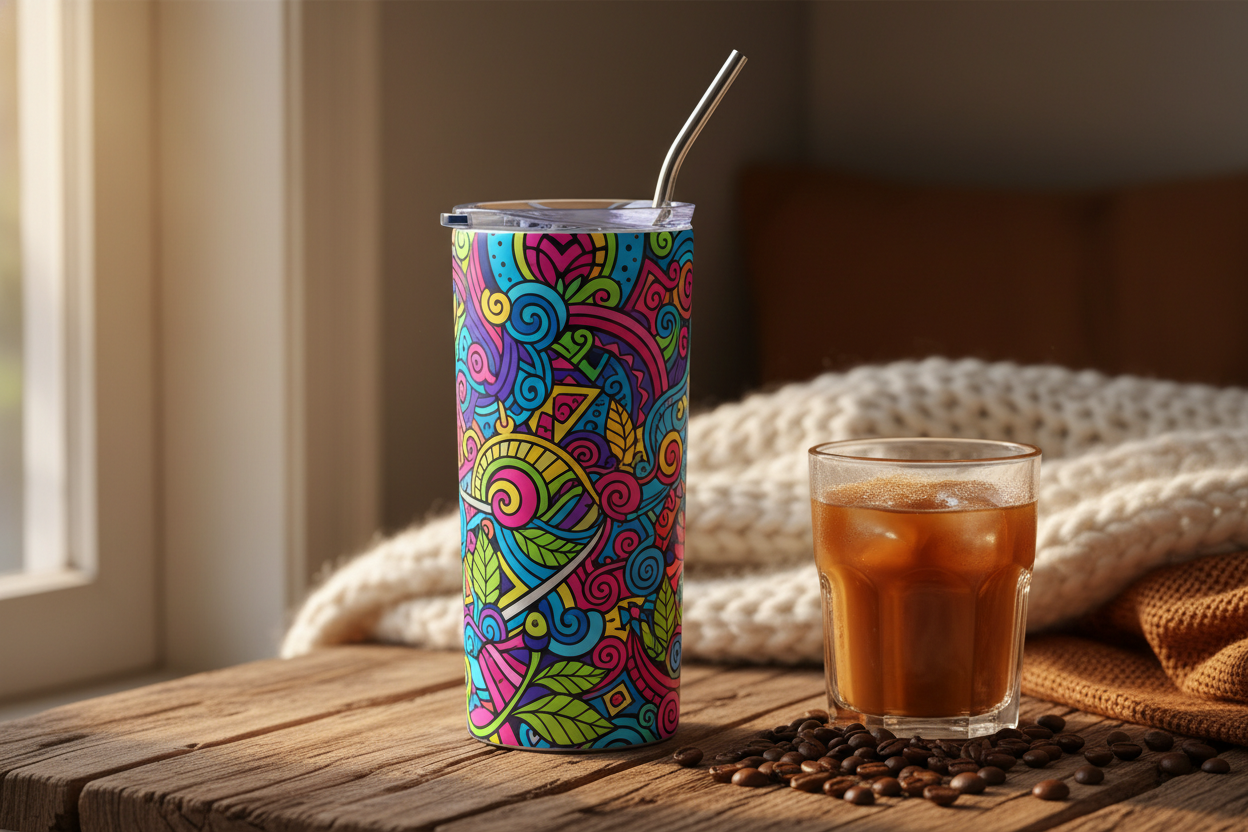 20oz straight ceramic-coated stainless-steel tumbler with printed graphic design (not engraved, not curved). Shown on a wooden table with coffee or iced drink props. Clear sliding lid and straw included. Warm, cozy lifestyle atmosphere.