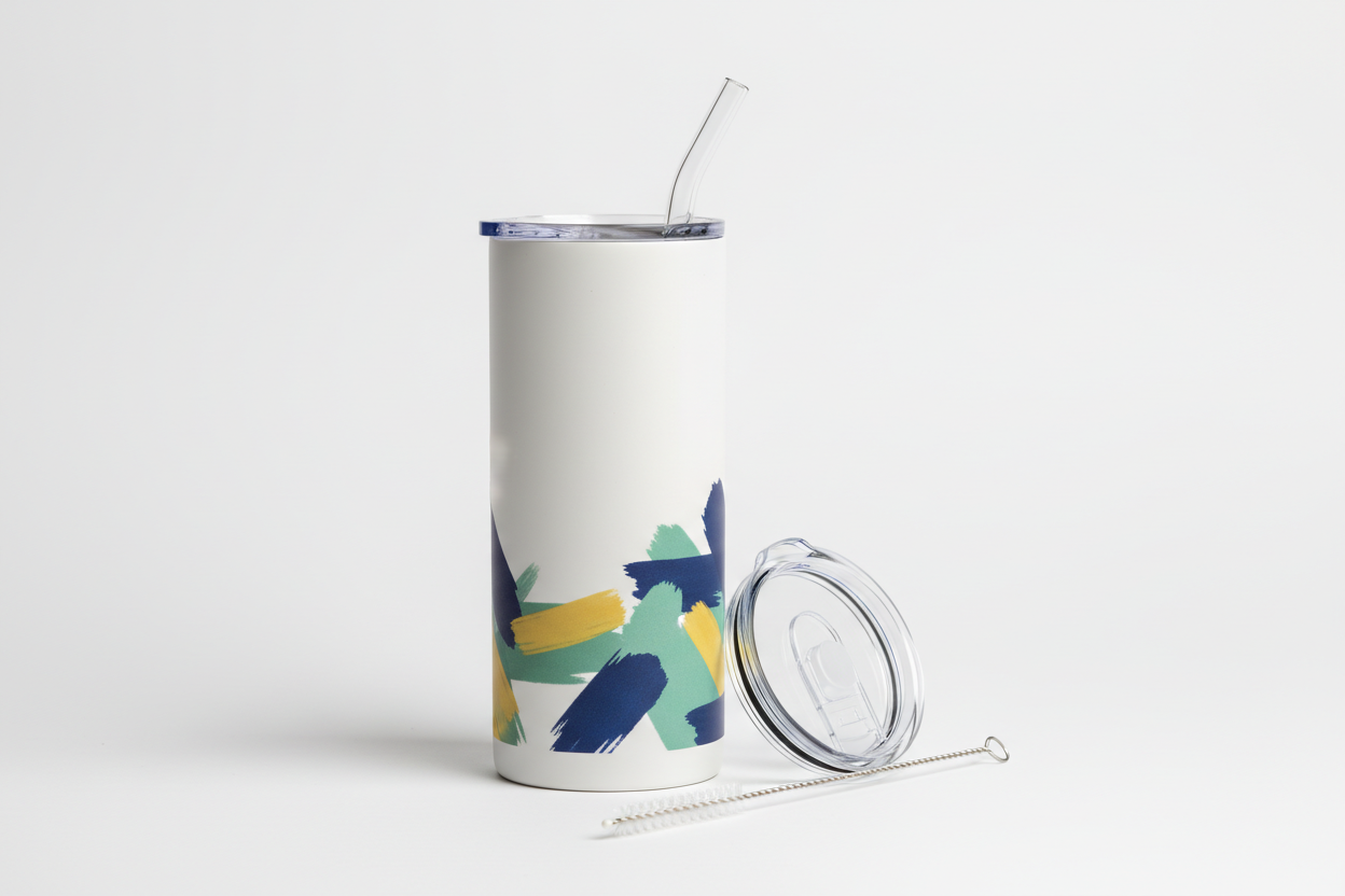 20oz straight stainless-steel insulated tumbler with ceramic coating, smooth surface, no curves, no engraving. Modern clean design with printed graphics on the surface. Shown with clear lid, reusable straw, and cleaning brush. Bright, minimal studio background.