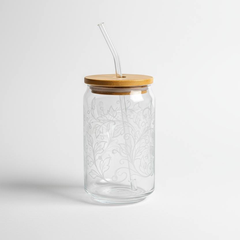A 16oz beer can–shaped glass with a natural bamboo lid and a clear plastic straw. Empty, standing upright, clean white background, high-detail product photography, soft shadows, minimal reflections, crisp and professional. with design