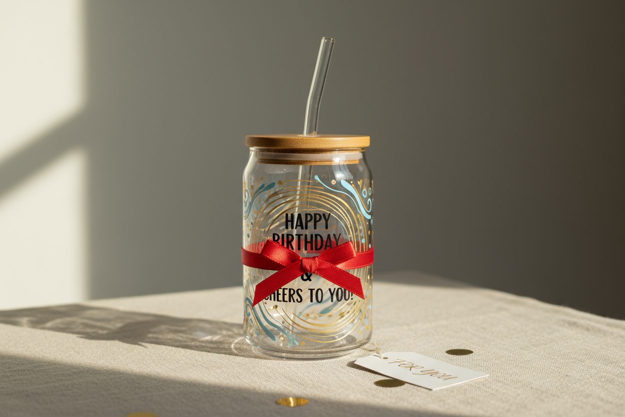 A custom-printed 16oz beer can glass with bamboo lid and plastic straw wrapped with a small gift ribbon, soft natural lighting, neutral background, styled like a gift for birthdays or special occasions.”