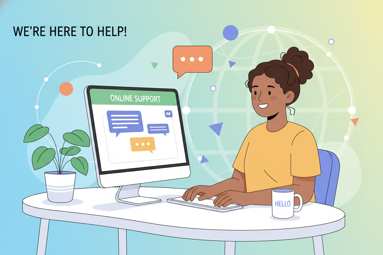 A friendly, modern customer service illustration for a small business, showing a person at a desk answering messages on a computer, bright and welcoming colors, clean and minimal style, professional yet approachable, suitable for a website contact page banner