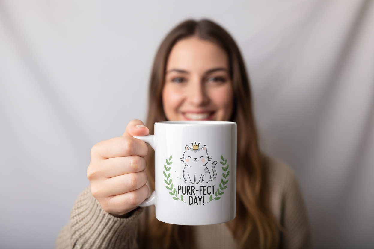 A happy customer holding a custom printed mug, soft studio lighting, neutral background, clear focus on the mug, realistic photography, professional and warm
