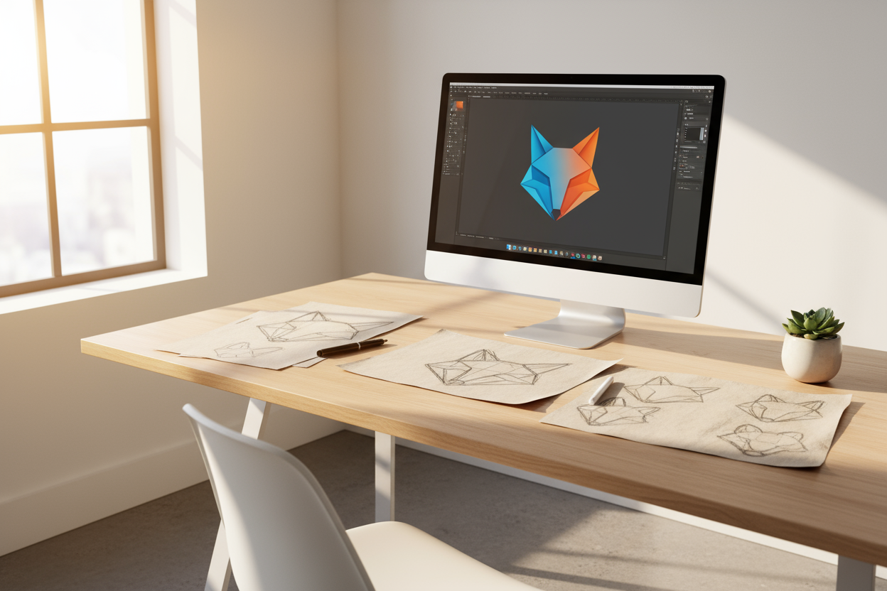 A modern creative workspace with a computer showing a logo design in progress, sketches and pen on the desk, bright natural lighting, minimal style.