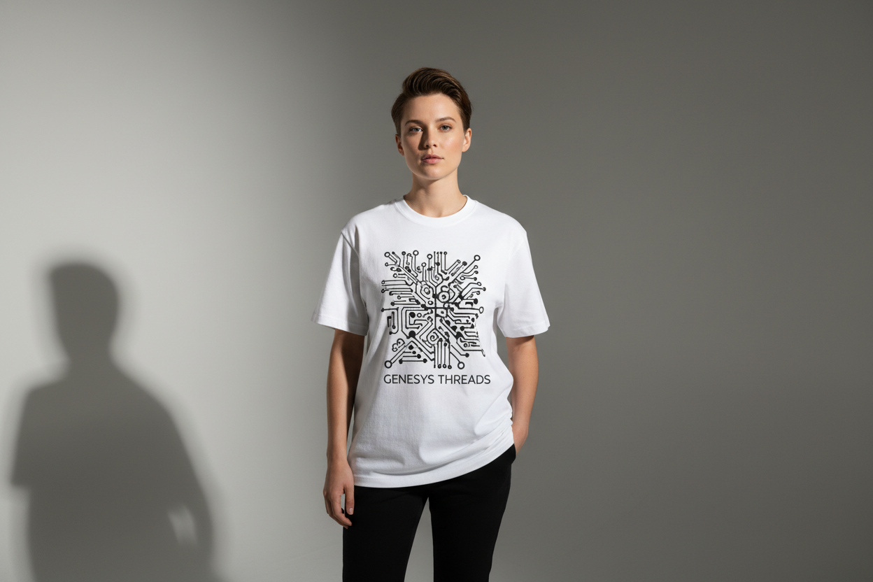 A person wearing a premium T-shirt with graphics in a simple studio setting, soft shadows, centered composition, clean and modern look, perfect for showcasing custom print designs.