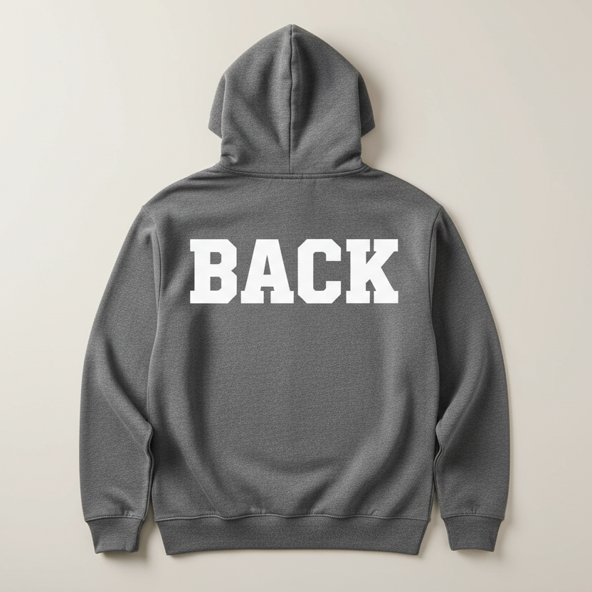 A plain unisex hoodie shown from the back on a simple, neutral background. Centered across the upper back, add bold text that says “BACK”. Smooth lighting, natural fabric texture, professional product mockup style.