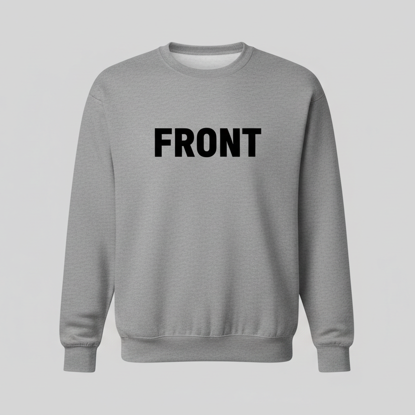 A plain unisex sweatshirt displayed straight from the front on a simple, neutral background. Centered on the chest, add bold text that says “FRONT”. Clean lighting, no wrinkles, realistic fabric texture, studio-style mockup