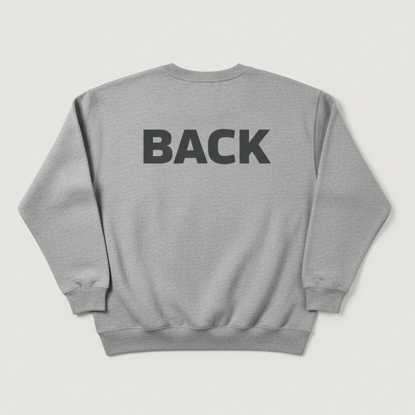 A plain unisex sweatshirt shown from the back on a simple, neutral background. Centered across the upper back, add bold text that says “BACK”. Smooth lighting, realistic cotton texture, professional product mockup look.