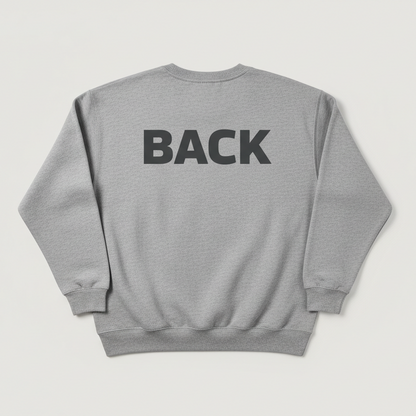A plain unisex sweatshirt shown from the back on a simple, neutral background. Centered across the upper back, add bold text that says “BACK”. Smooth lighting, realistic cotton texture, professional product mockup look.