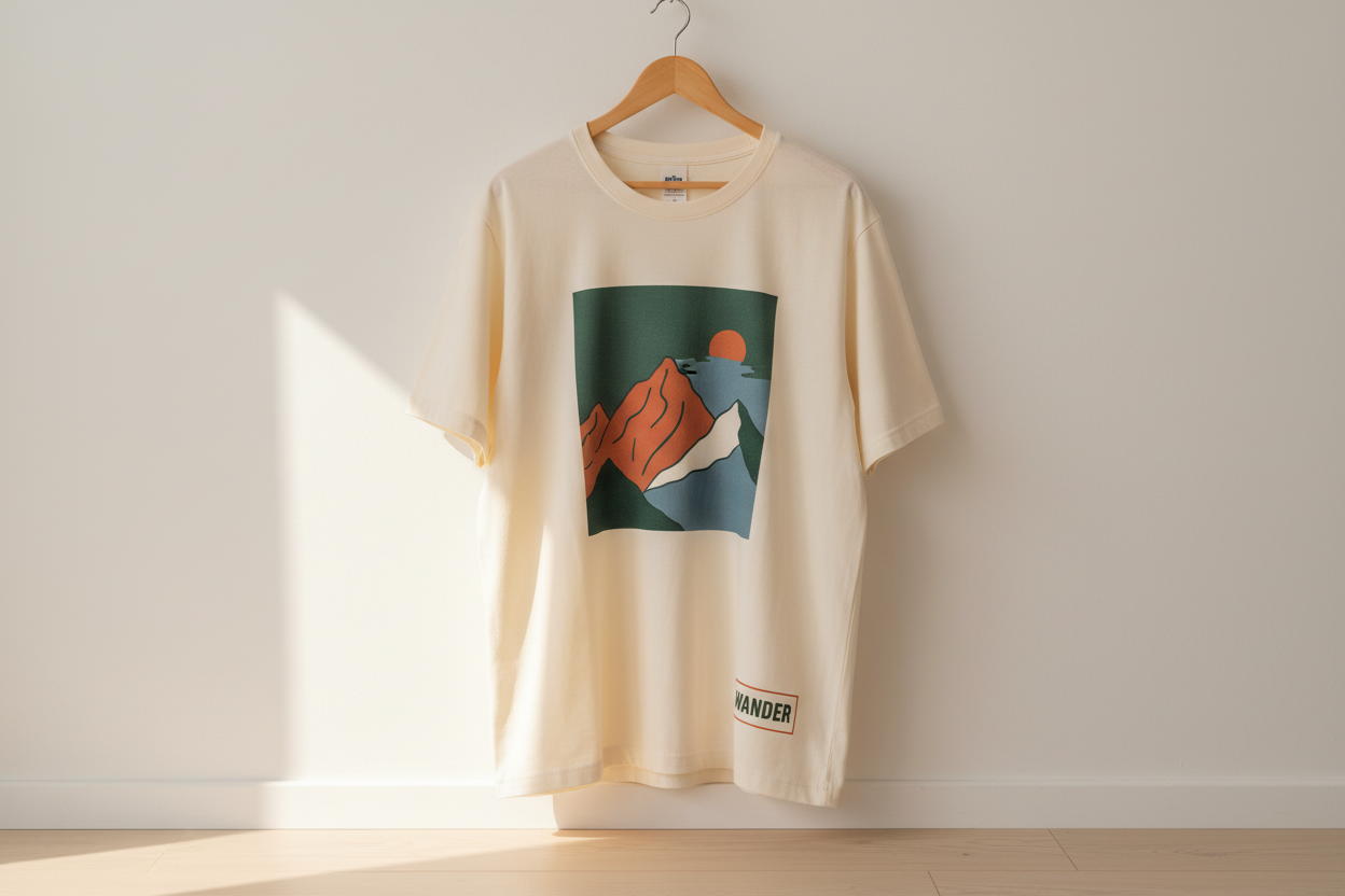 A premium T-shirt with Graphics hanging on a wooden hanger against a clean wall, warm natural lighting, minimalist aesthetic, ideal for displaying custom print areas.”
