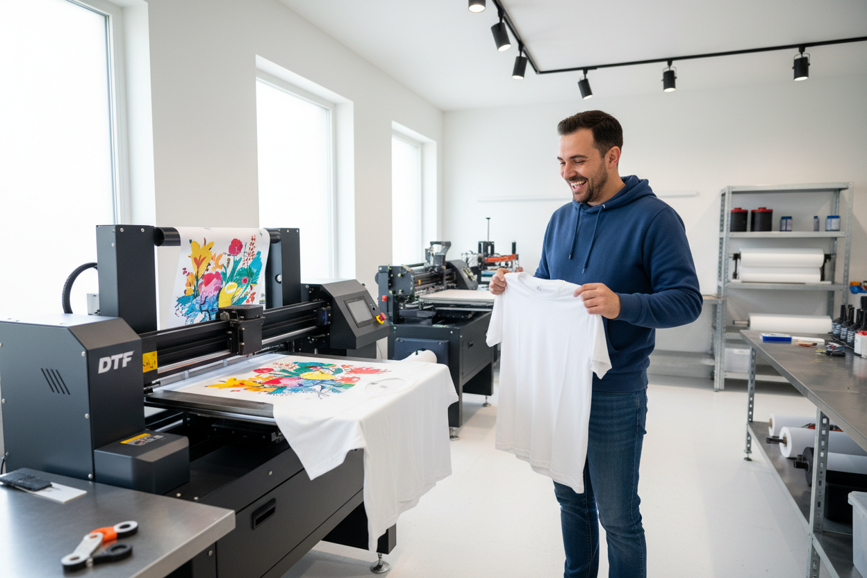 A professional DTF printer printing a custom design on a white t-shirt, with a customer holding the blank t-shirt, bright and clean workshop, realistic style.