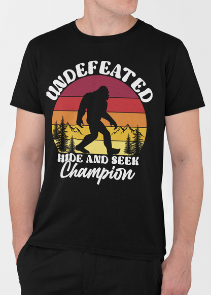 Undefeated Hide and Seek Champion Graphic T-Shirt – Funny Sasquatch Tee