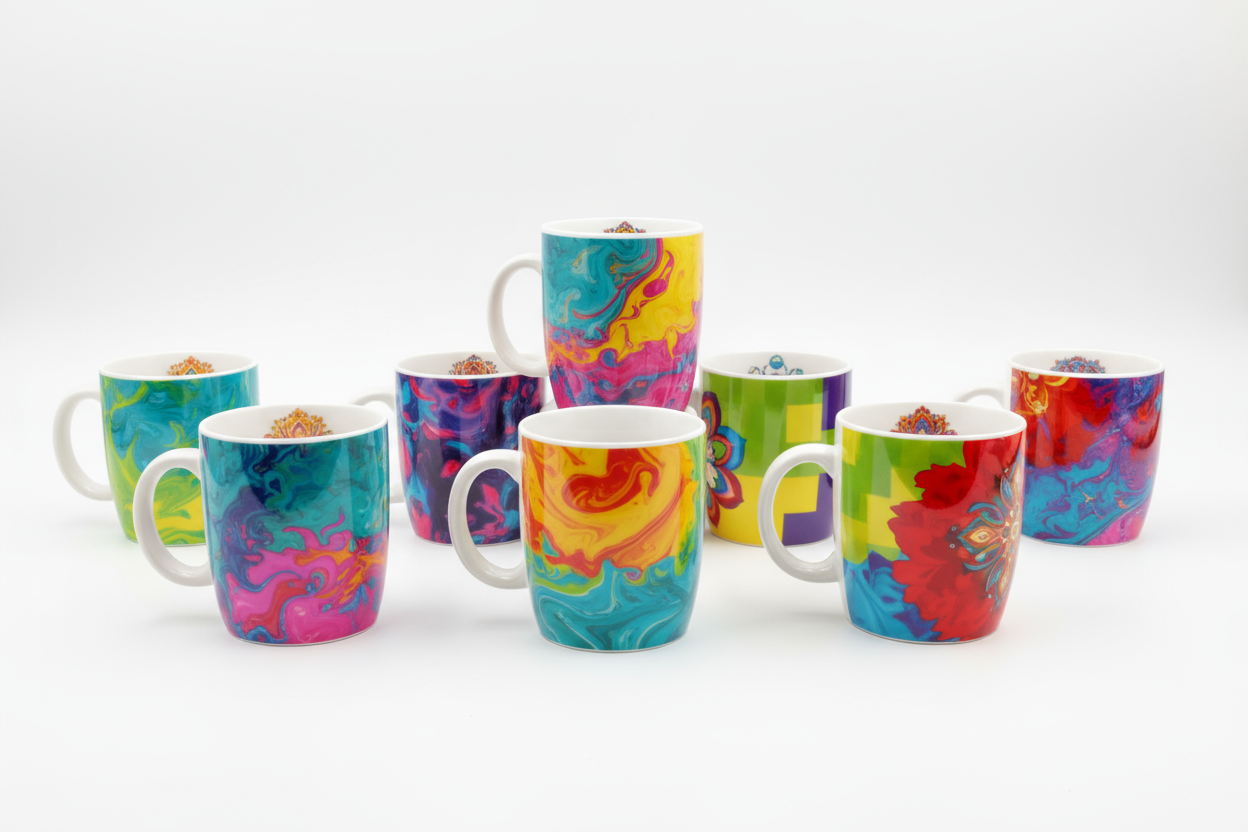 Ceramic mugs with colorful sublimation design, studio shot, white background.