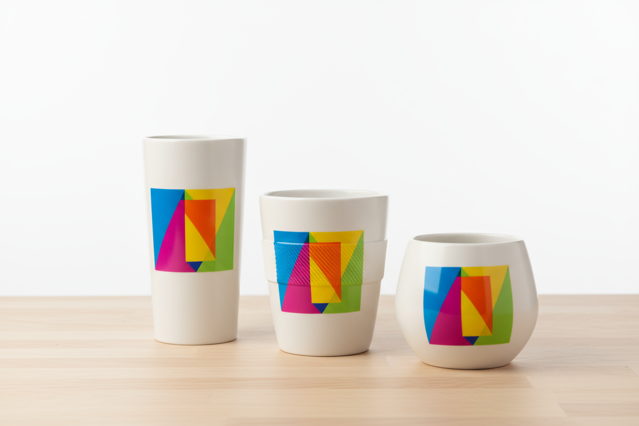 Ceramic tumblers with bright logo, isolated on tabletop.