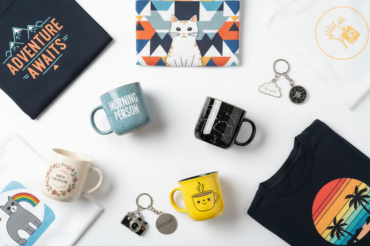 Choose Your Item: “Flat lay of t-shirts, mugs, and keychains showing variety, bright studio lighting, clean background.”

Send Your Design: “Person sending a design file on a laptop, office setting, clear focus on screen showing artwork.”

Get a Quote & Confirm: “Illustration of quote approval process with a checkmark, digital workspace, minimalistic style.”

Receive Your Product: “Person opening a package with custom printed products inside, smiling, bright natural lighting, home setting.”