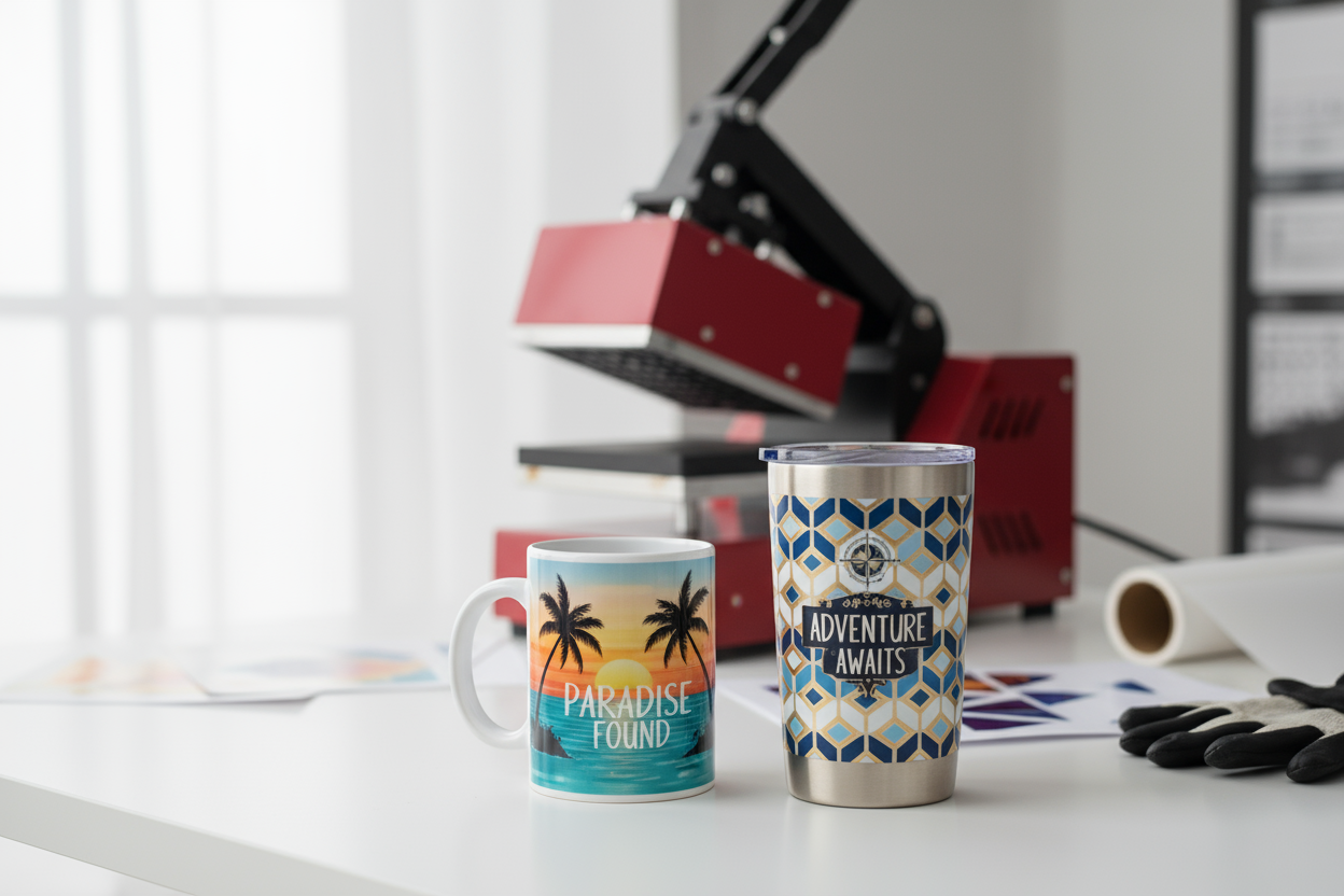 “Classic product setup showing a sublimation mug and tumbler with crisp printed designs. Heat press in background, clean white workspace, soft lighting.”