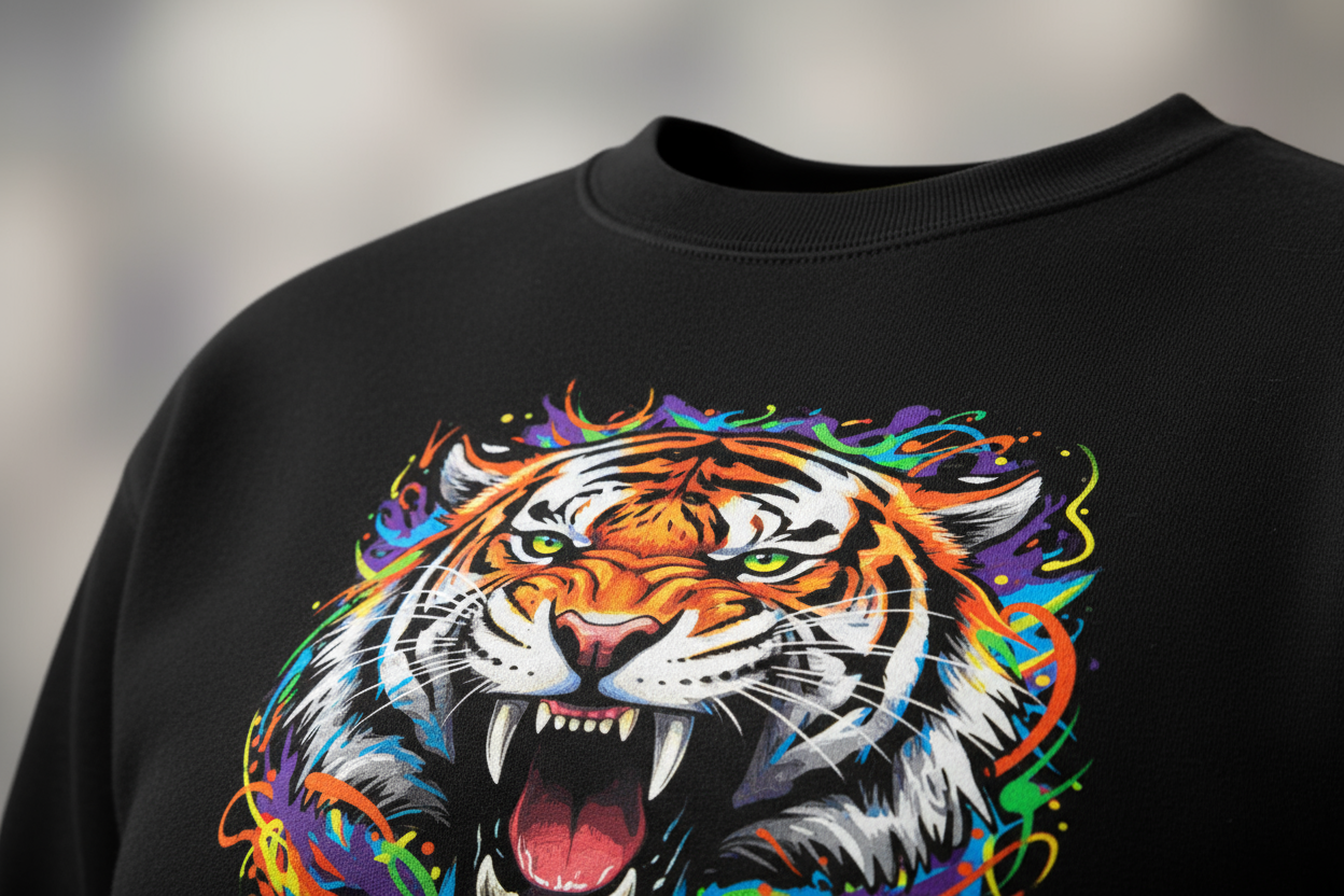 Close-up of a sweatshirt showing a DTF-printed design, crisp edges, vibrant colours, soft cotton texture, blurred neutral background for a premium detailed look