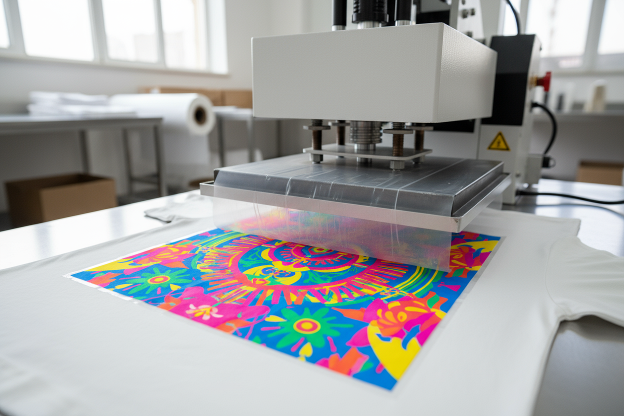 Close-up photo of a DTF print being applied to a white t-shirt using a heat press. Crisp details, vibrant colours, professional workshop feel, traditional clean photography.