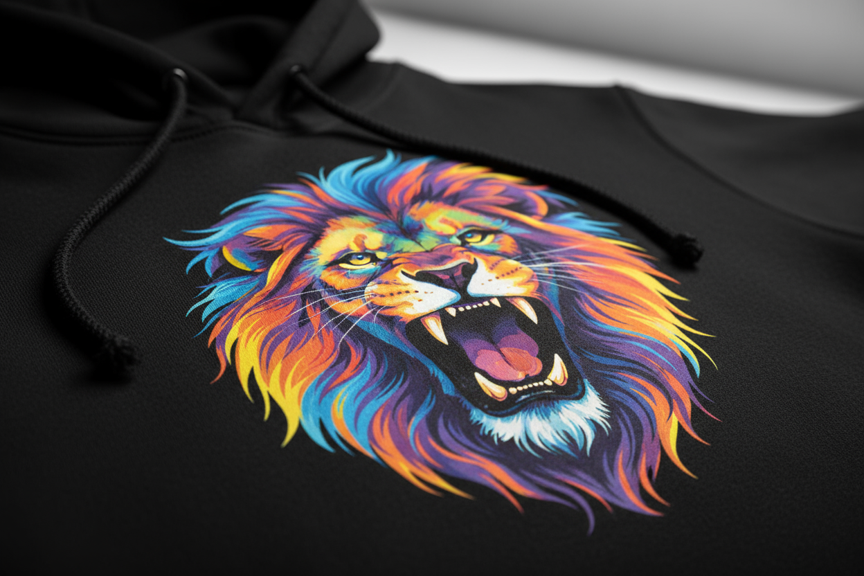 Close-up shot of a hoodie showing the printed design using DTF printing. Crisp edges, vibrant colors, soft cotton texture. Clean blurred background for a premium look