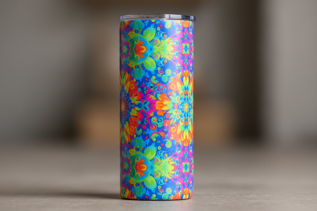 Close-up shot of a straight 20oz stainless-steel tumbler with ceramic coating, smooth straight shape, no engraving, printed colorful graphics. Highlight the texture and clean edges. Neutral blurred background for a premium look.