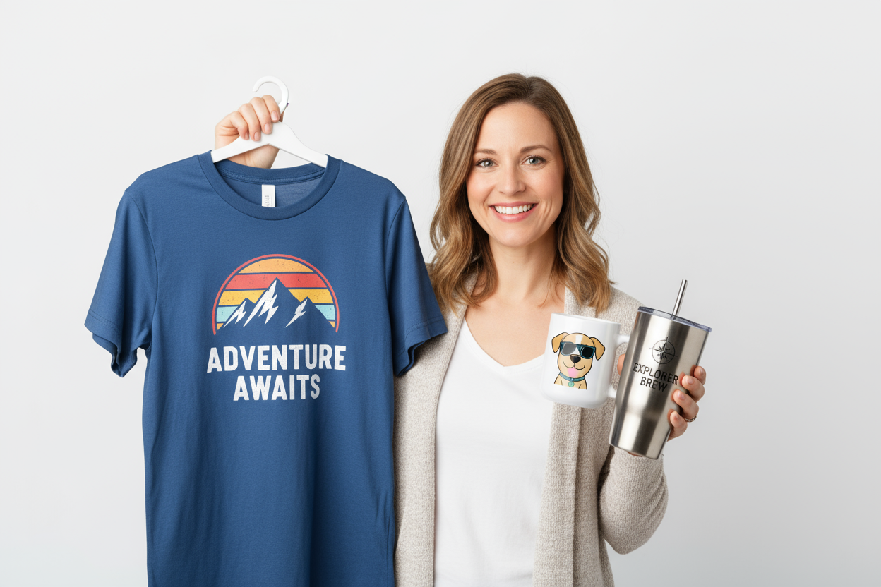 Customer holding multiple custom printed items such as t-shirt, mug, and tumbler, smiling, bright clean studio background, professional photography, friendly and traditional style
