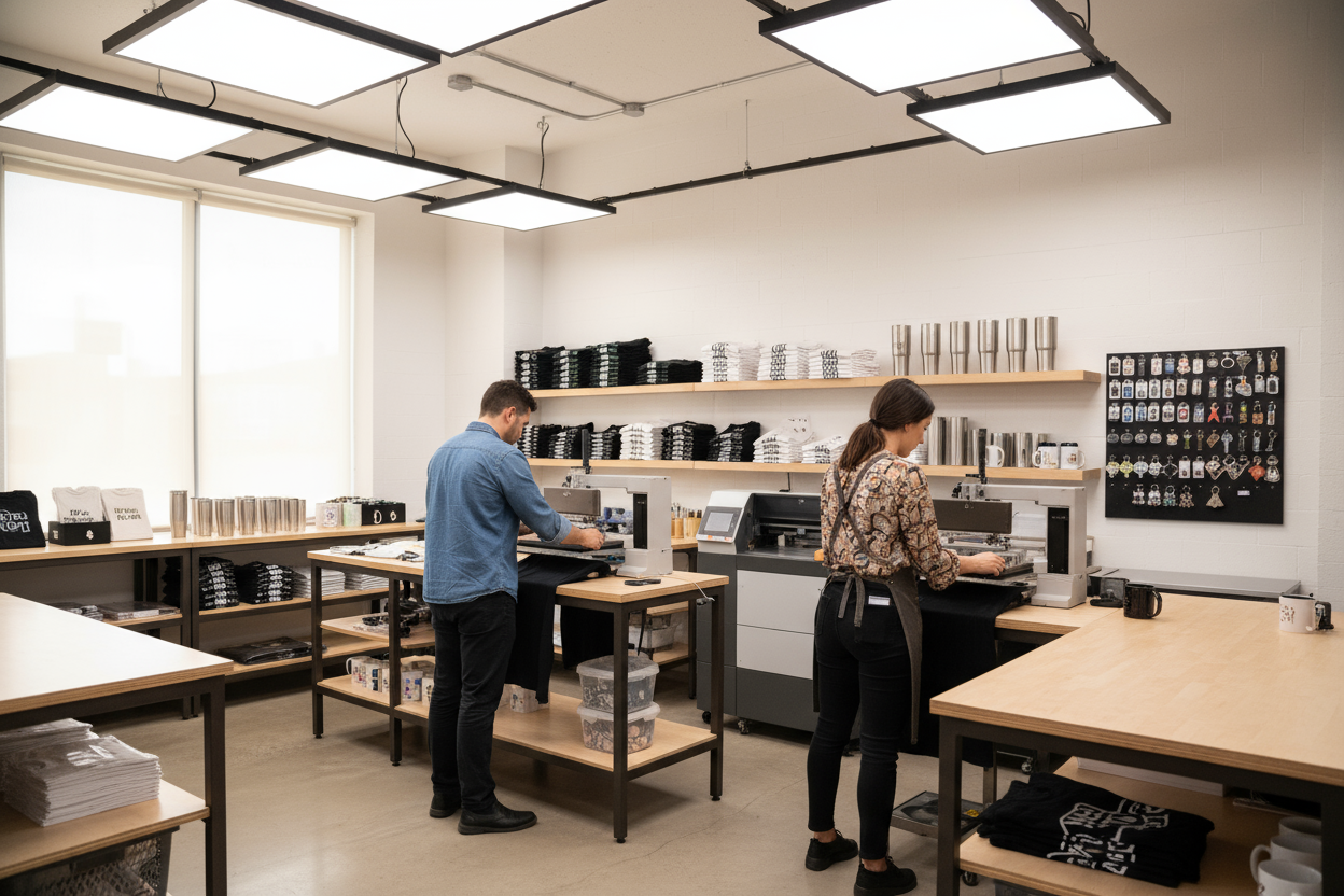 Friendly team of 2-3 people in a modern print studio, surrounded by t-shirts, mugs, tumblers, and keychains, smiling at the camera, bright and clean environment, professional studio lighting dont show their faces