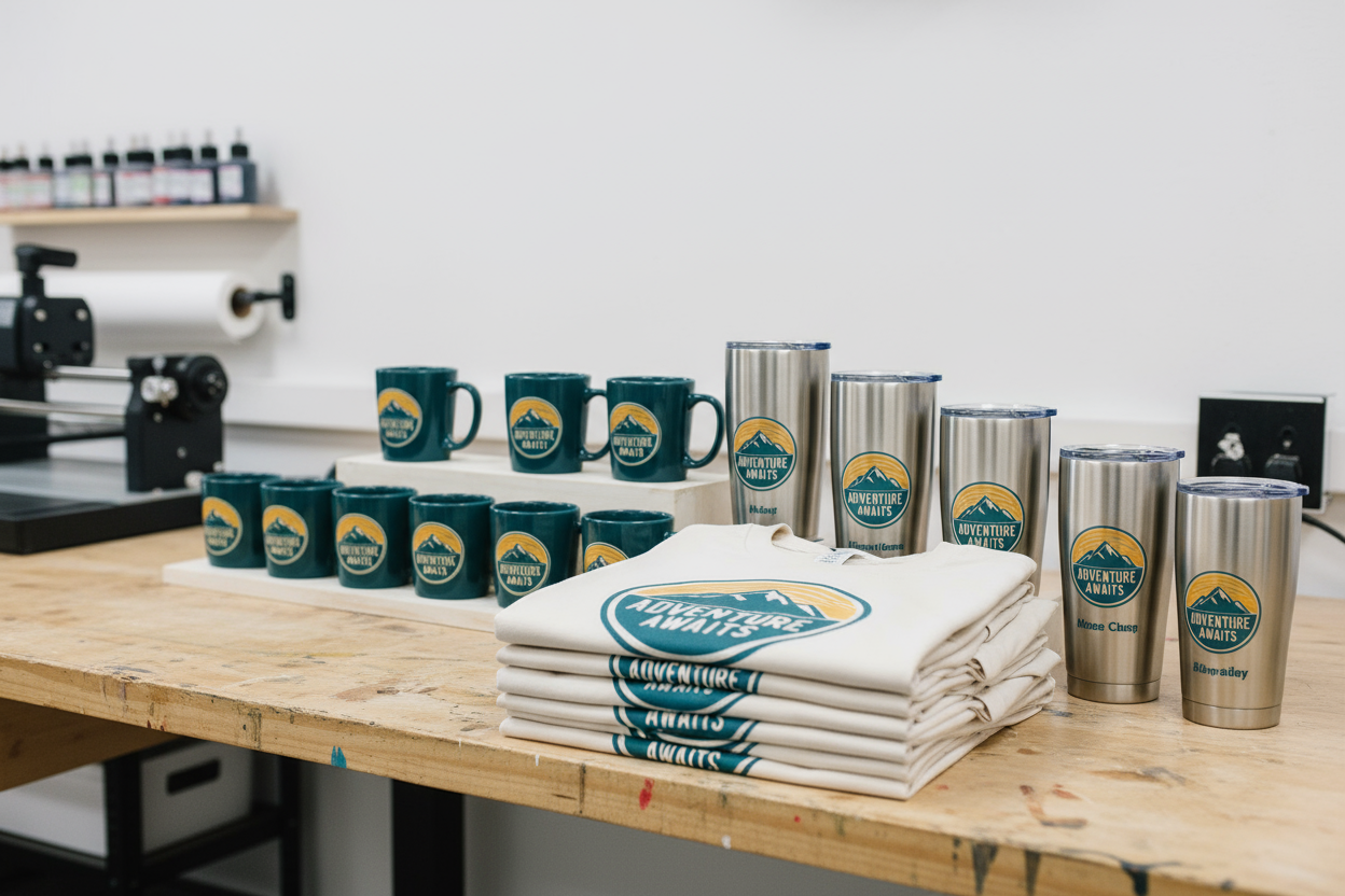 “Group of custom printed shirts, mugs, and tumblers neatly arranged as a batch order. Consistent colors, organized layout, classic small-business printing shop style.”
