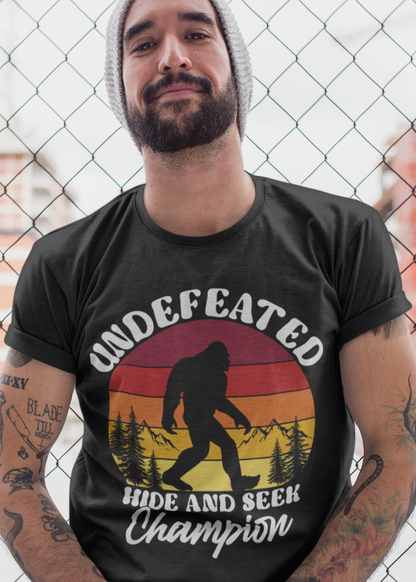 Undefeated Hide and Seek Champion Graphic T-Shirt – Funny Sasquatch Tee
