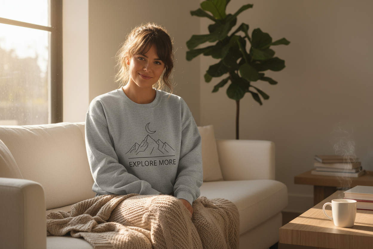 Model wearing a unisex sweatshirt indoors, soft natural lighting, relaxed cozy setting, printed graphic clearly visible on the front, clean modern lifestyle aesthetic.