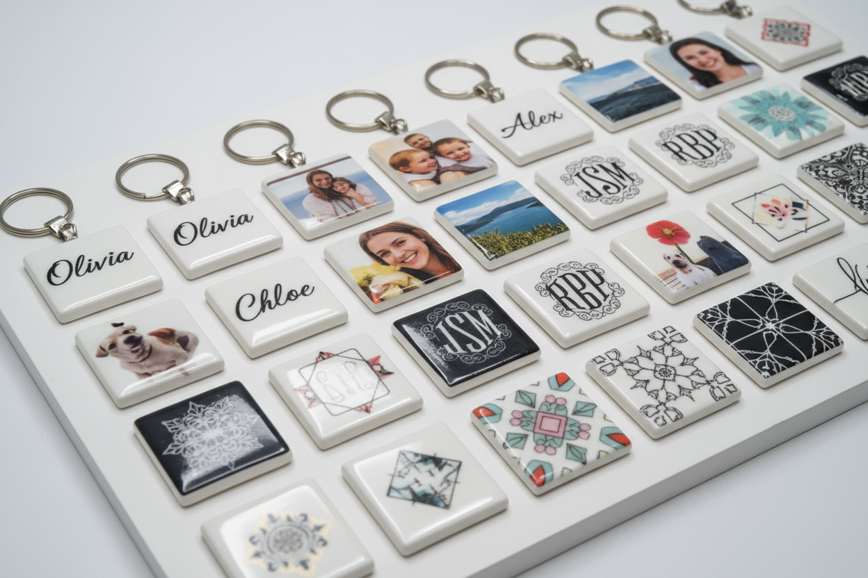 Personalized keychains with ceramic coating square shaped displayed neatly with clear design.