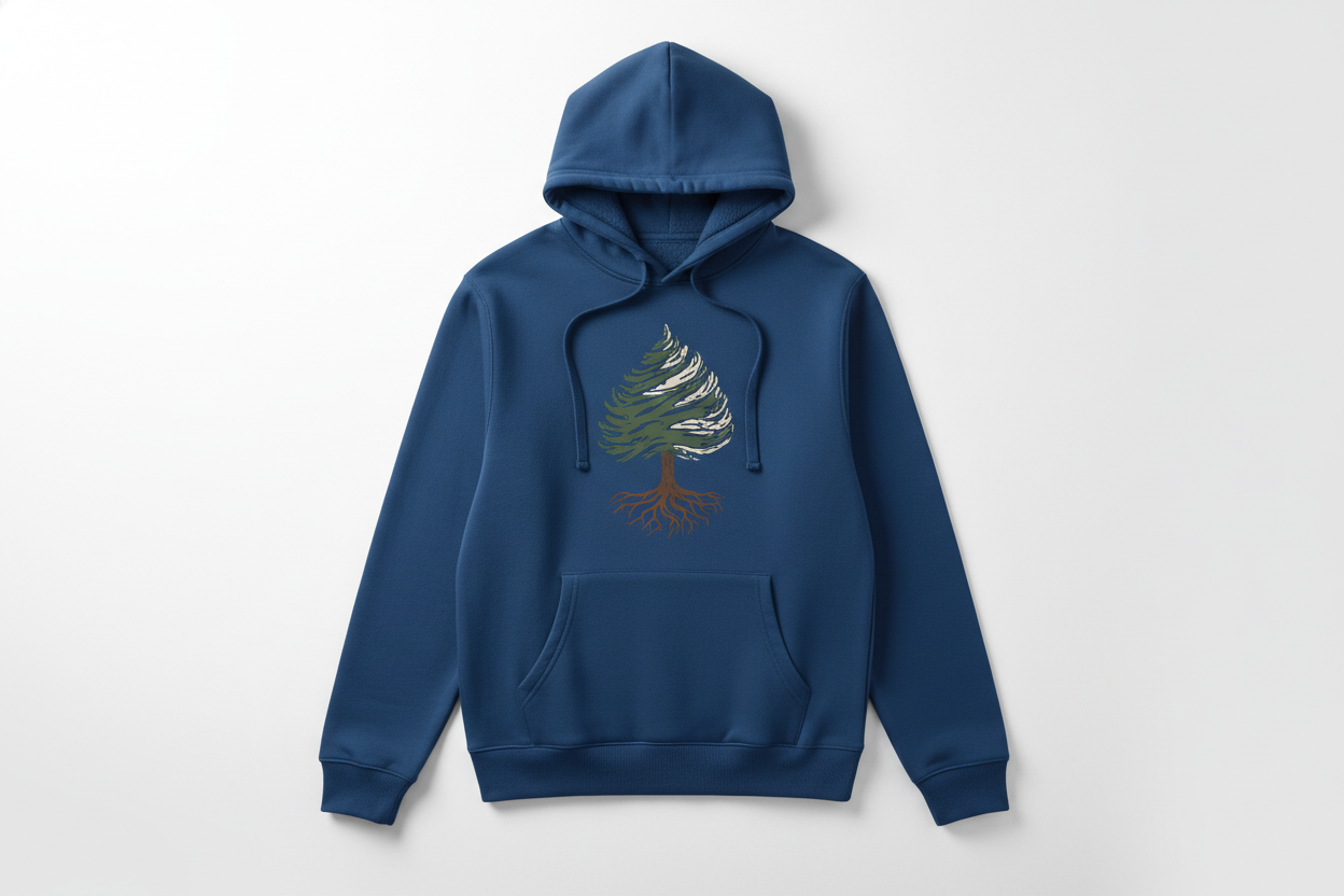 Premium unisex hoodie displayed on a clean studio background. Smooth fabric texture, front view with space for printed custom graphics. No wrinkles, bright soft lighting, modern ecommerce style blue colour with design of trees