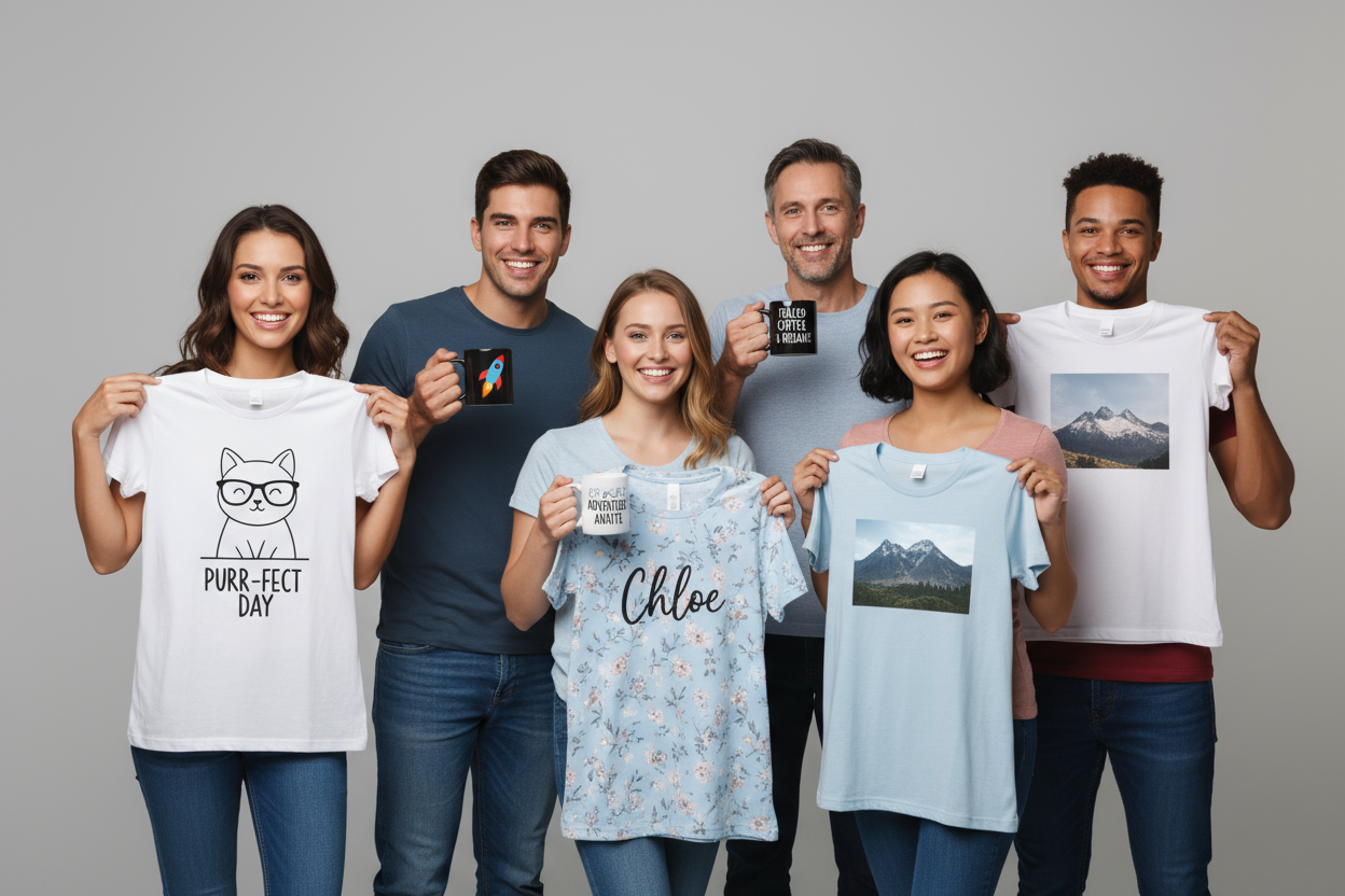 “Smiling customers holding custom printed t-shirts and mugs, diverse group of people, clean and neutral background, professional lighting.”