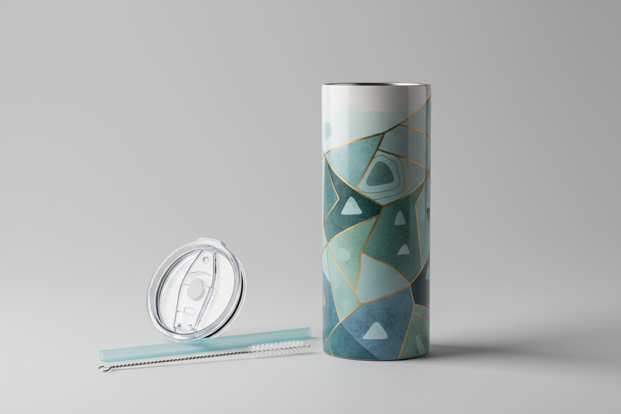 Straight 20oz ceramic-coated stainless-steel tumbler with printed graphics (not engraved, no curve). Display the tumbler, clear lid, reusable plastic straw, and cleaning brush laid out neatly. Soft shadow studio photography with a clean modern background.