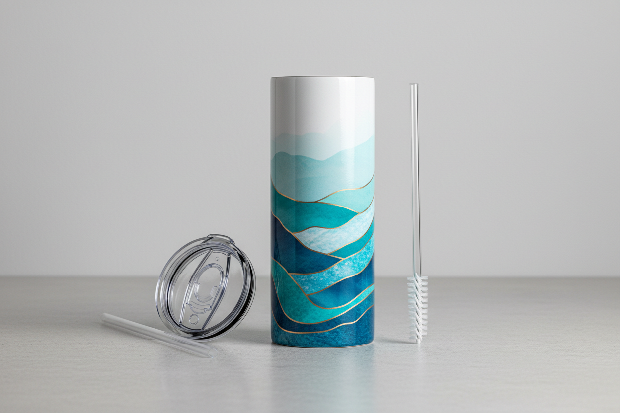 Straight 20oz ceramic-coated stainless-steel tumbler with printed graphics (not engraved, no curve). Display the tumbler, clear lid, reusable plastic straw, and cleaning brush laid out neatly. Soft shadow studio photography with a clean modern background.