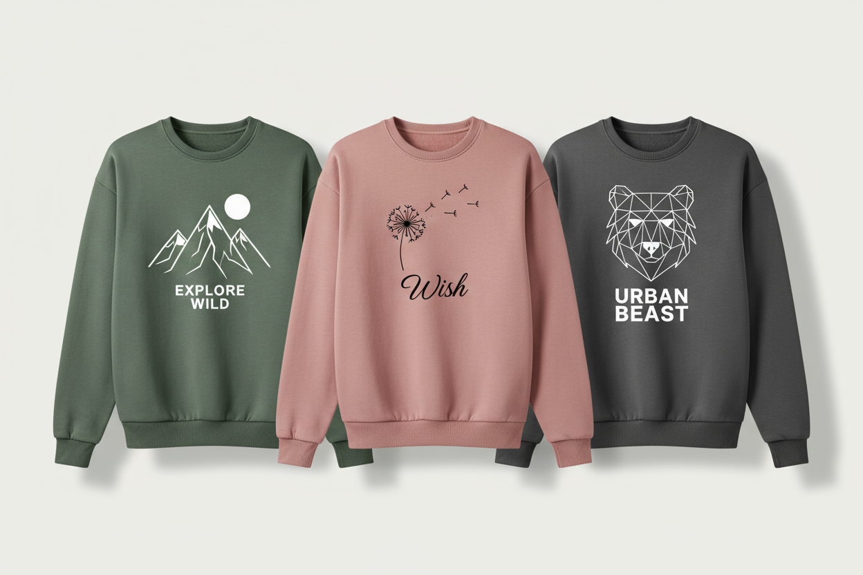 Three unisex sweatshirts in different colours displayed side-by-side on a minimal studio background, each with a sample printed graphic, soft shadows, crisp product photography