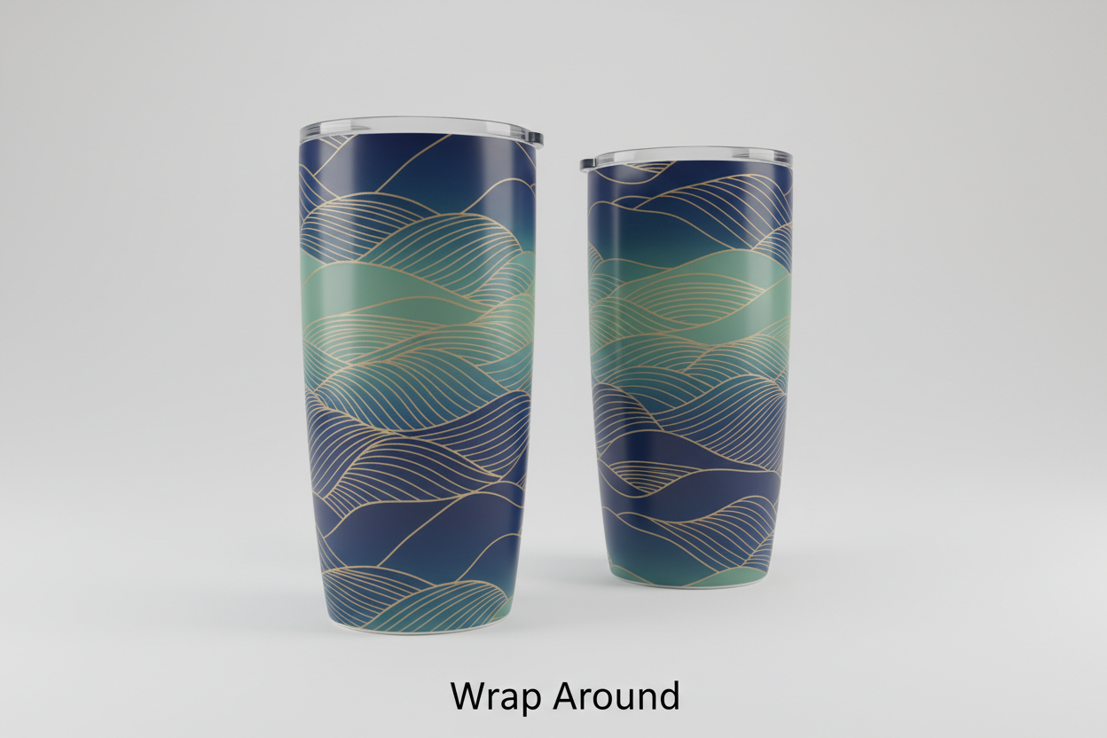 Two 20oz straight ceramic tumblers on a simple, neutral studio background. Angle the first tumbler to clearly show a seamless wraparound graphic covering the entire circumference. Position the second tumbler slightly behind or beside it to reinforce the wraparound coverage. Use a continuous, long placeholder design wrapping from one side to the other. At the bottom of the image, add clean text that says “Wrap Around”. Use smooth lighting with natural ceramic reflections for a professional mockup