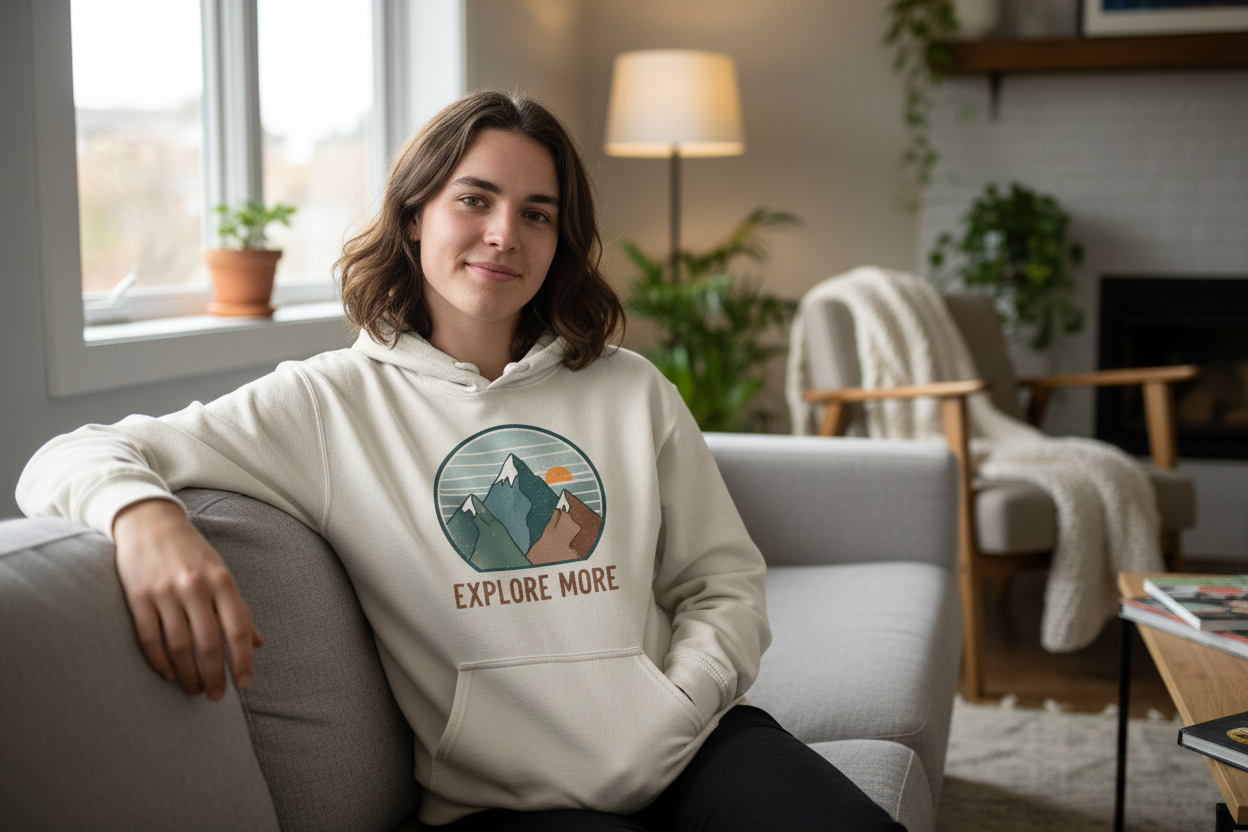 Unisex hoodie worn by a model in a casual indoor setting. Clear printed graphic on the front. Soft natural lighting, cozy lifestyle atmosphere suitable for ecommerce.